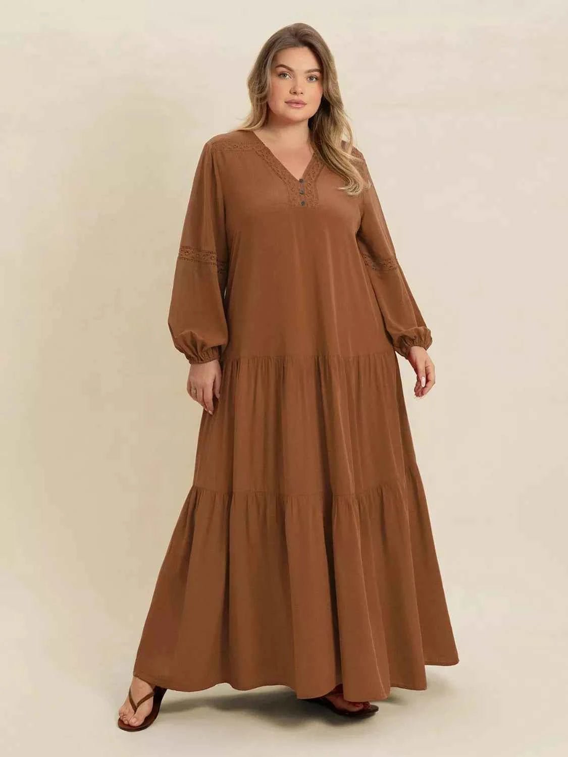 women_fashion - littlescollectionDressPlus Size Bohemian Tiered Maxi Dress with Balloon SleevesRusttydustty