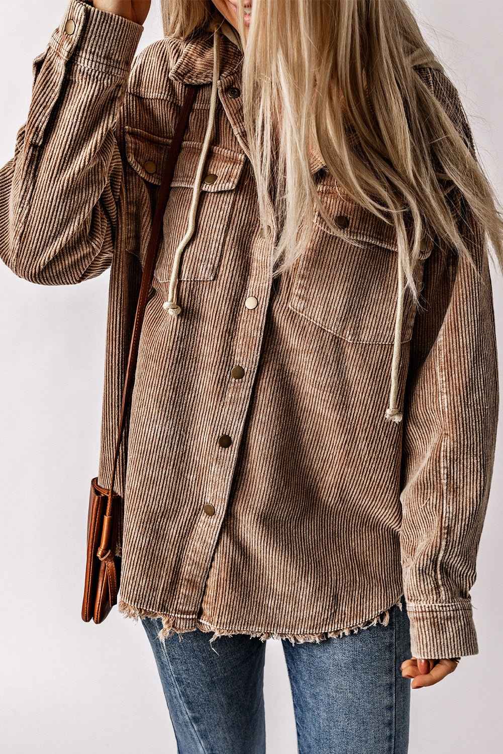 women_fashion - littlescollectionHoodyHooded Corduroy Shacket with Drawstring Pockets Womencorduroy shacket