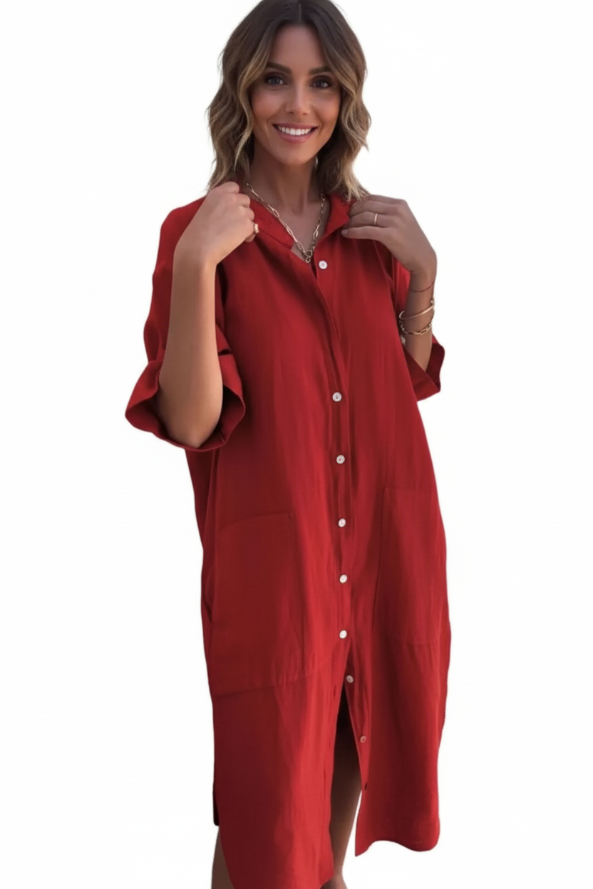 women_fashion - littlescollectionMidi dress linenCotton - Linen Button - Down Shirt Dress Patch Pockets Womenbutton down dress