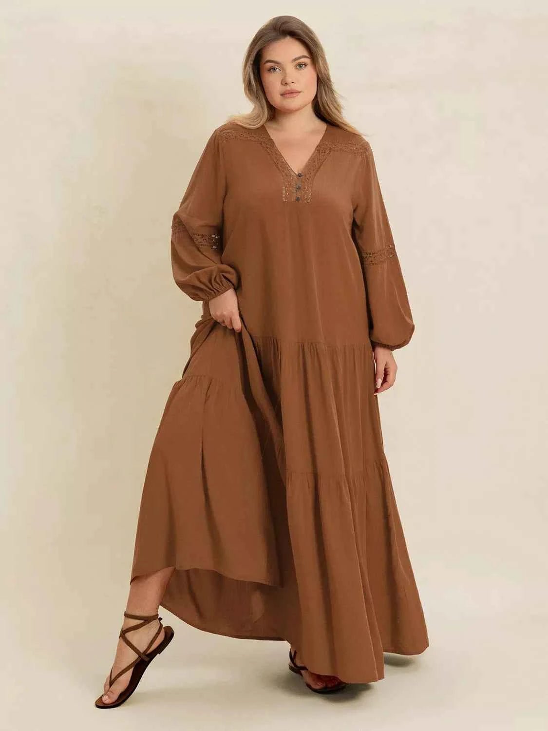 women_fashion - littlescollectionDressPlus Size Bohemian Tiered Maxi Dress with Balloon SleevesRusttydustty