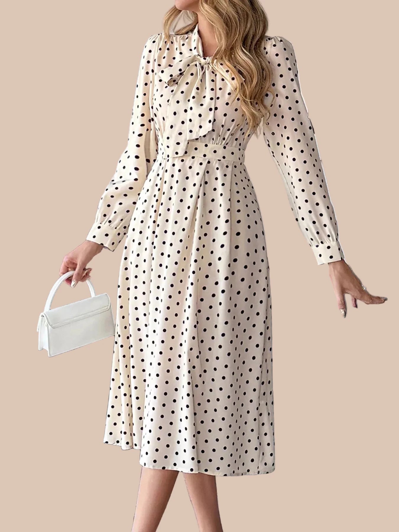 BohoLittlesEdit - Evening Gown - Vintage Polka Dot Tie Front Long Sleeve Midi Dress Women