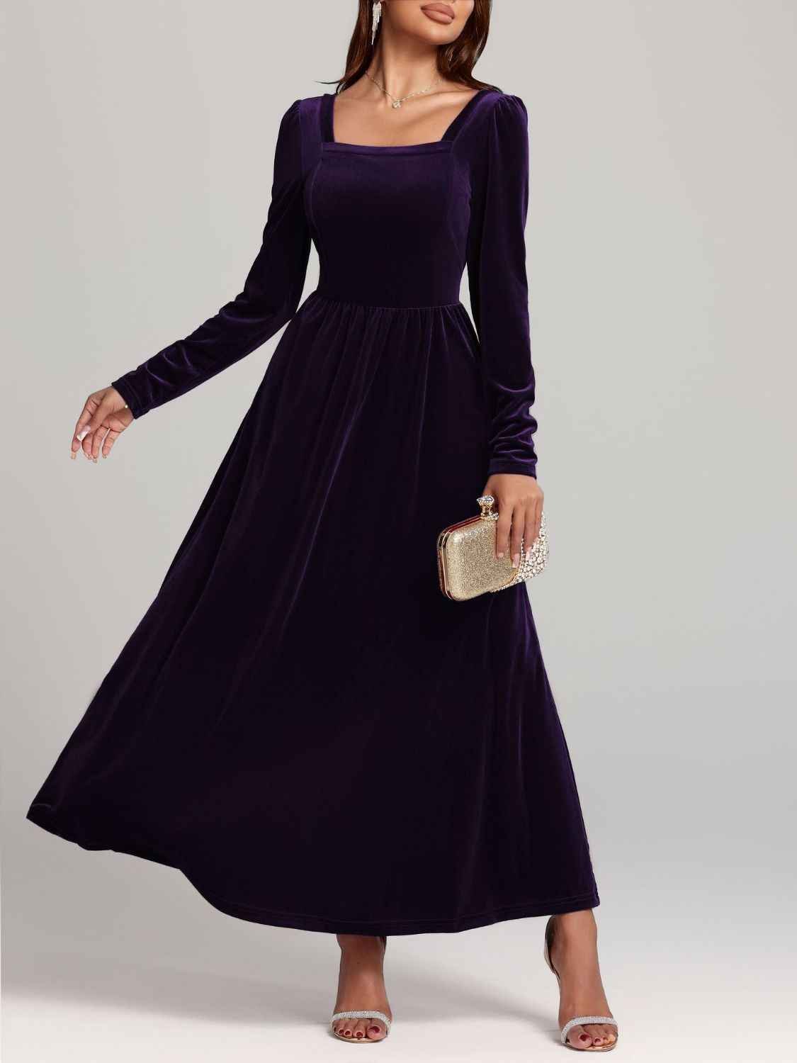 BohoLittlesEdit - Dress - Velvet Square Neck Maxi Dress Long Sleeve Women