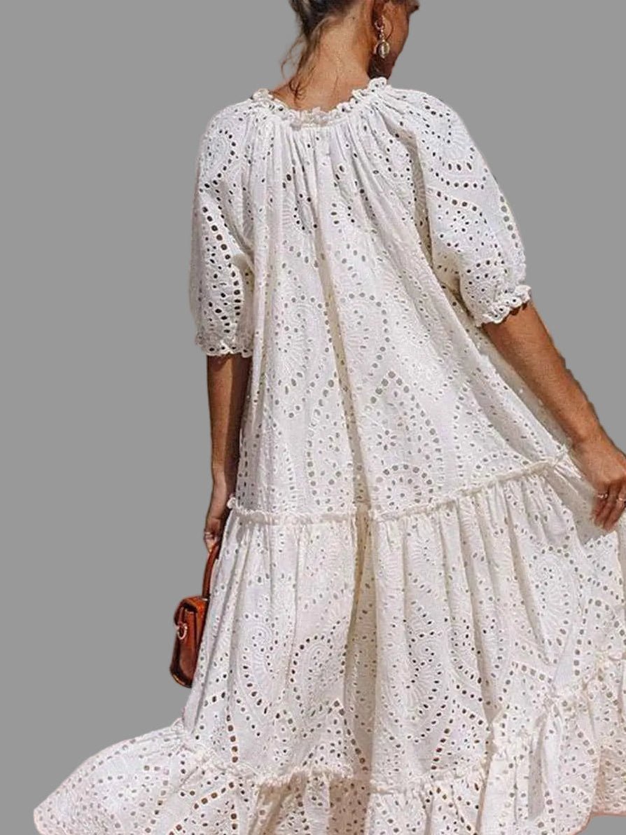 women_fashion - littlescollectionElara Tie Neck Tiered White Dress Womencotton dress