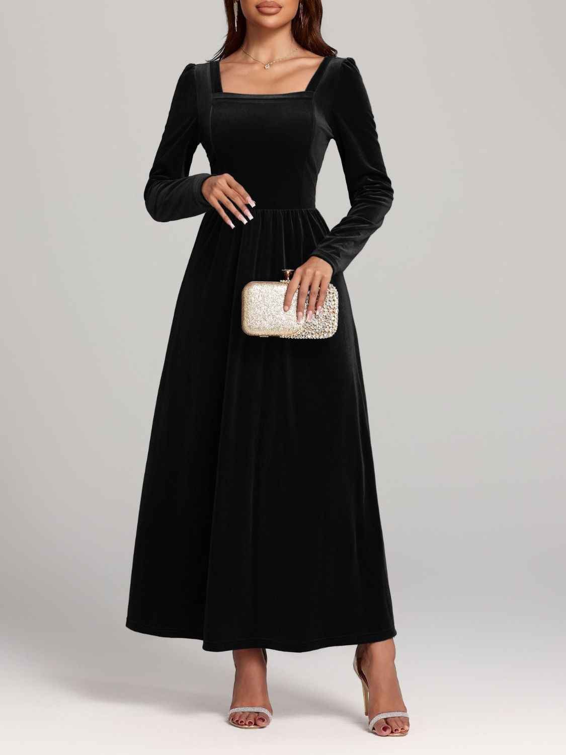 BohoLittlesEdit - Dress - Velvet Square Neck Maxi Dress Long Sleeve Women