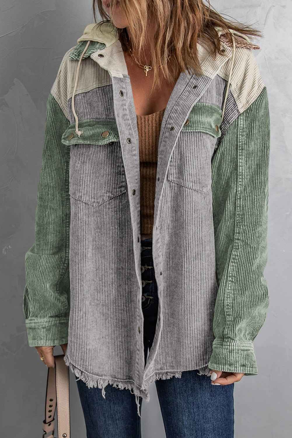 women_fashion - littlescollectionHoodyHooded Corduroy Shacket with Drawstring Pockets Womencorduroy shacket