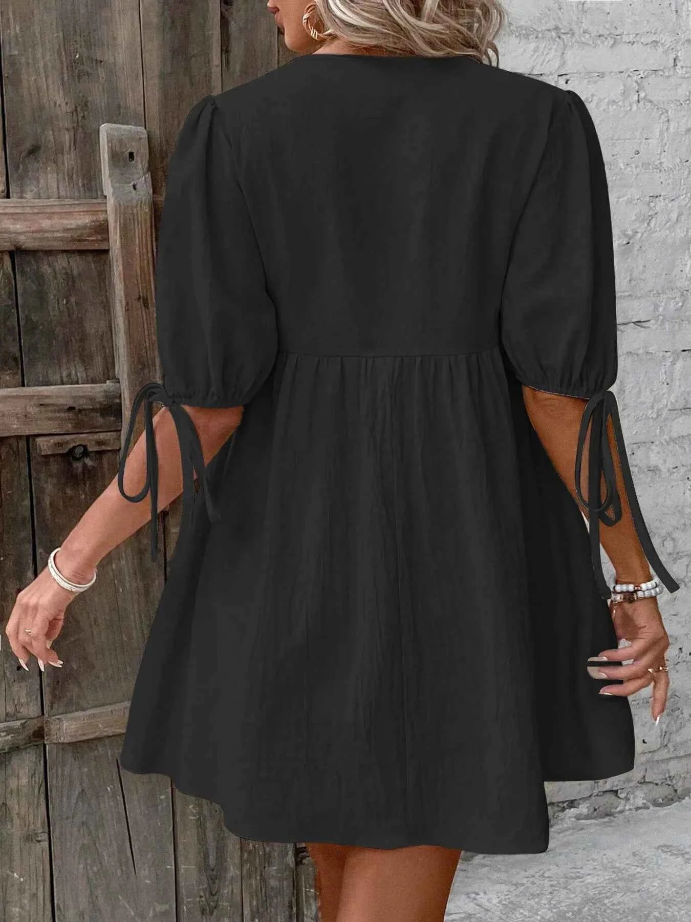 women_fashion - littlescollectionCotton dressV-Neck Tie-Front Mini Dress Puff Sleeves Womencotton dress