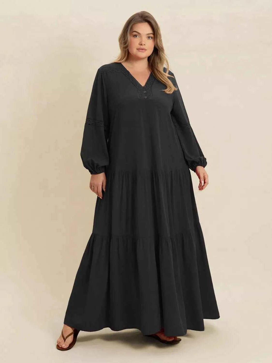 women_fashion - littlescollectionDressPlus Size Bohemian Tiered Maxi Dress with Balloon SleevesRusttydustty