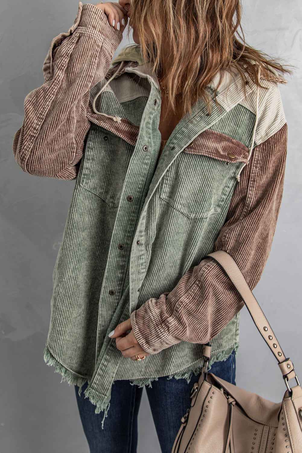 BohoLittlesEdit - Hoody - Hooded Corduroy Shacket with Drawstring Pockets Women