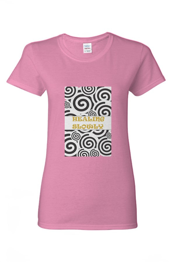 Pink t-shirt with a graphic design and text on a white background