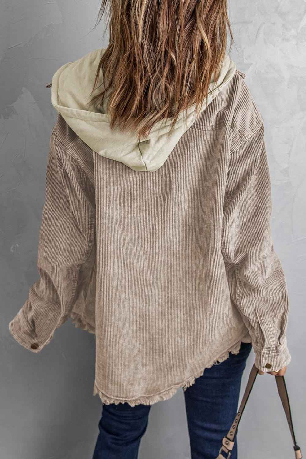 women_fashion - littlescollectionHoodyHooded Corduroy Shacket with Drawstring Pockets Womencorduroy shacket