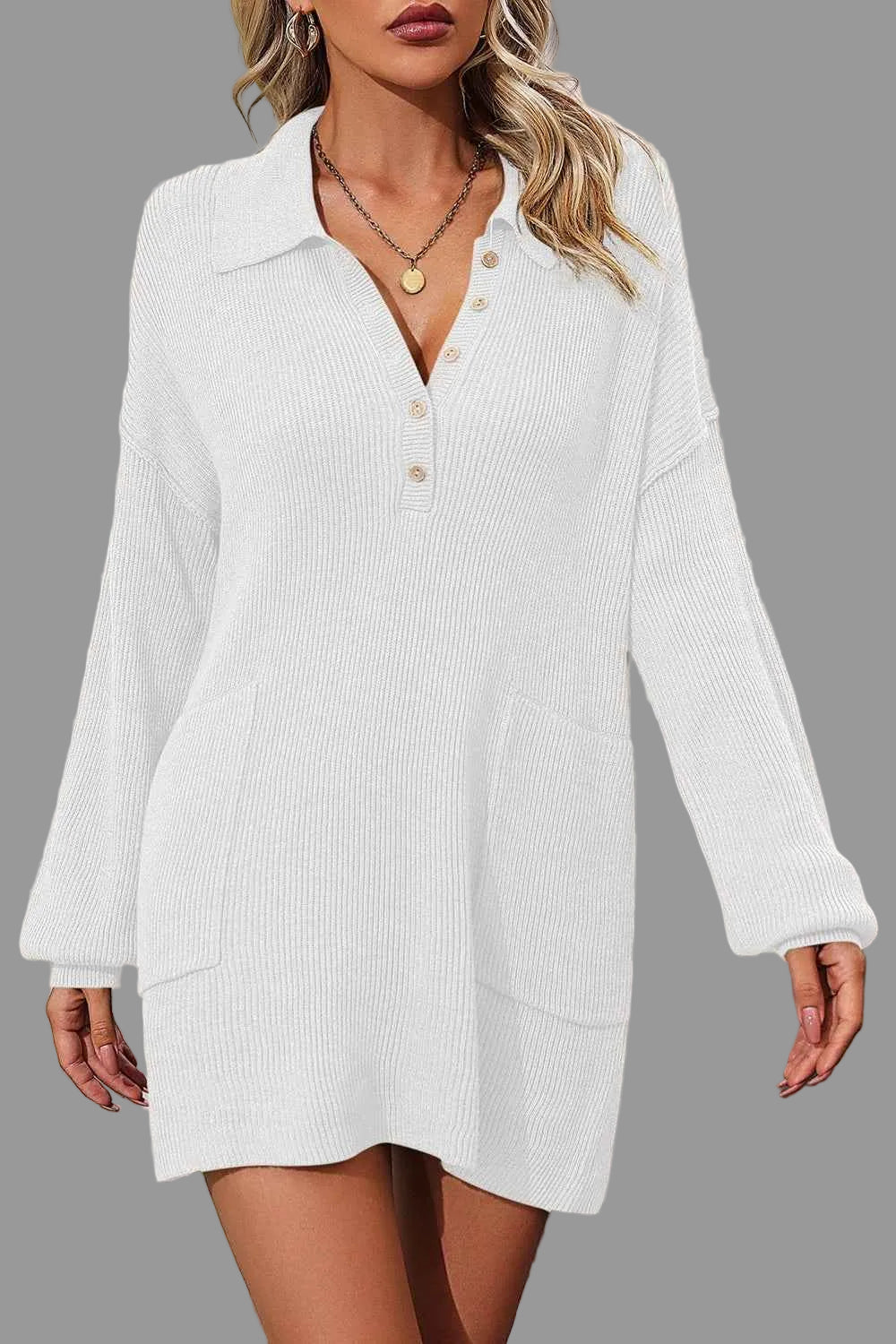 Collared Sweater Dress with Pockets in white