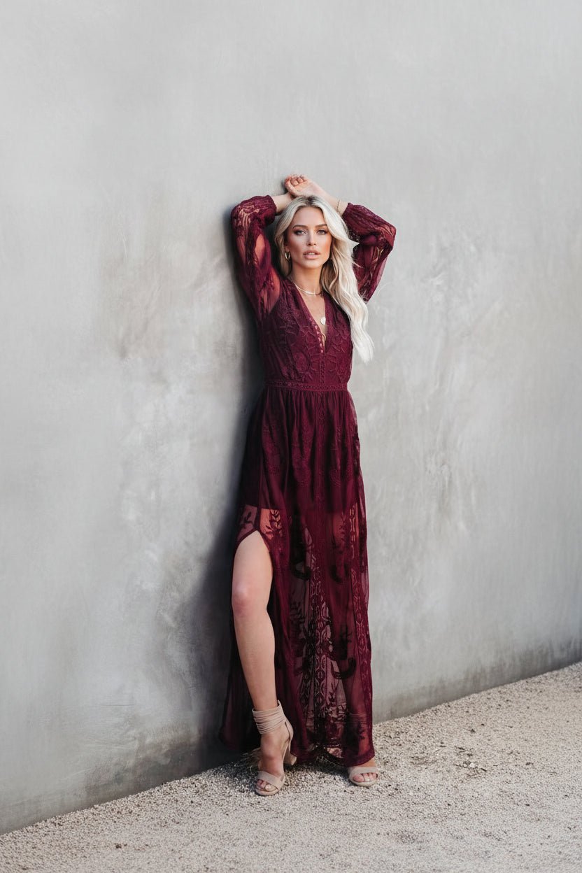 Floral Lace Slit Maxi Dress in red -Women