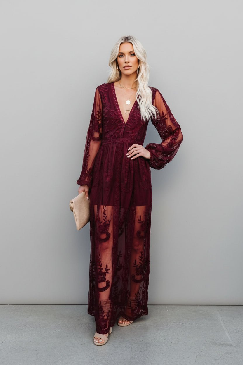 Floral Lace Slit Maxi Dress in red -Women