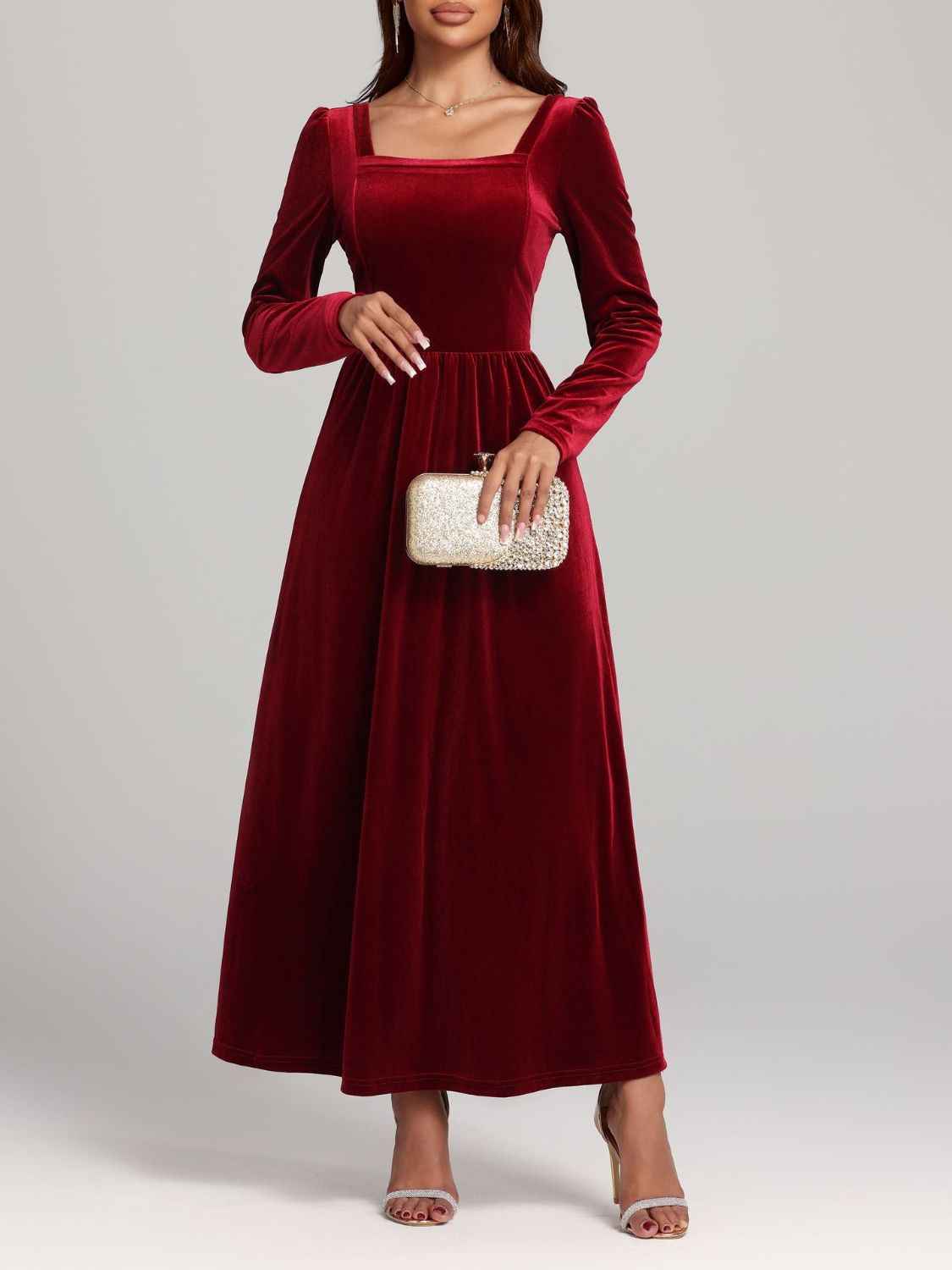 BohoLittlesEdit - Dress - Velvet Square Neck Maxi Dress Long Sleeve Women