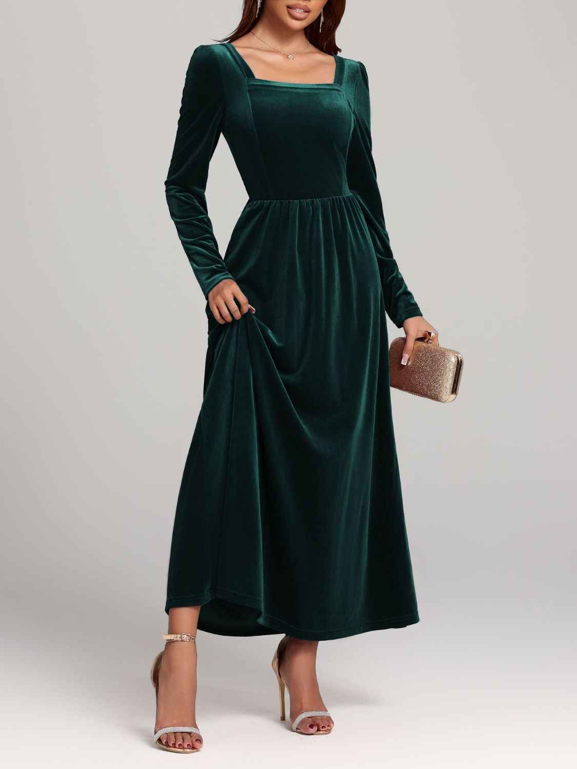 BohoLittlesEdit - Dress - Velvet Square Neck Maxi Dress Long Sleeve Women