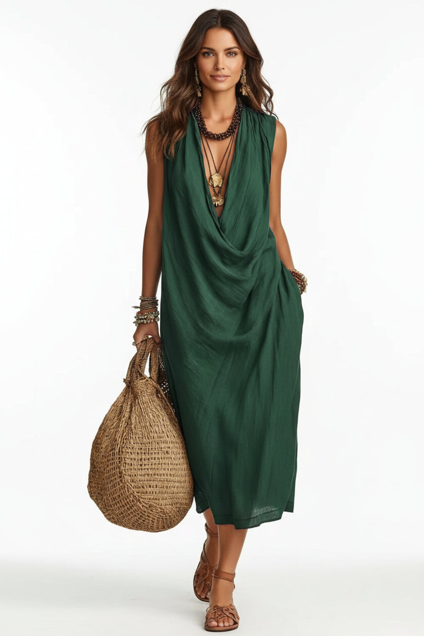 Woman wearing a green dress holding a woven bag against a neutral background