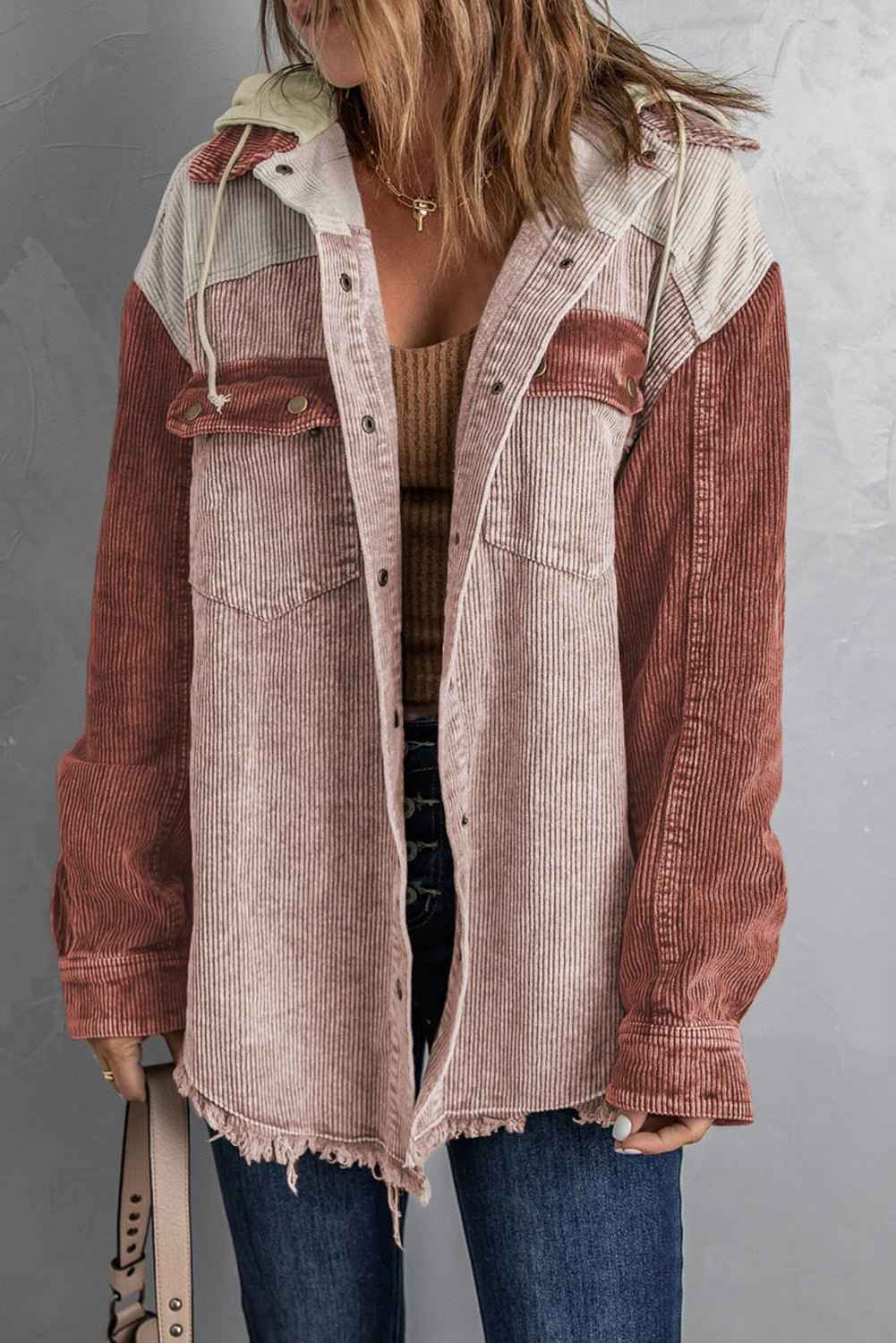 women_fashion - littlescollectionHoodyHooded Corduroy Shacket with Drawstring Pockets Womencorduroy shacket