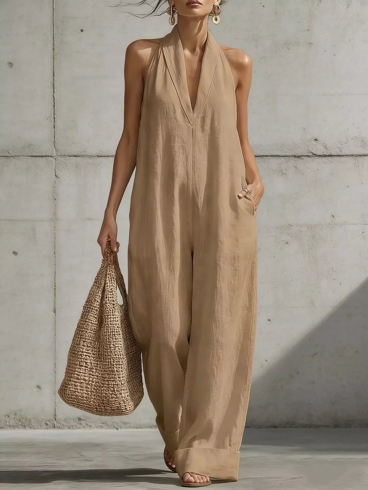 A woman models a sleeveless, wide-leg beige jumpsuit with a deep V-neckline, holding a woven straw tote bag against a textured concrete wall.