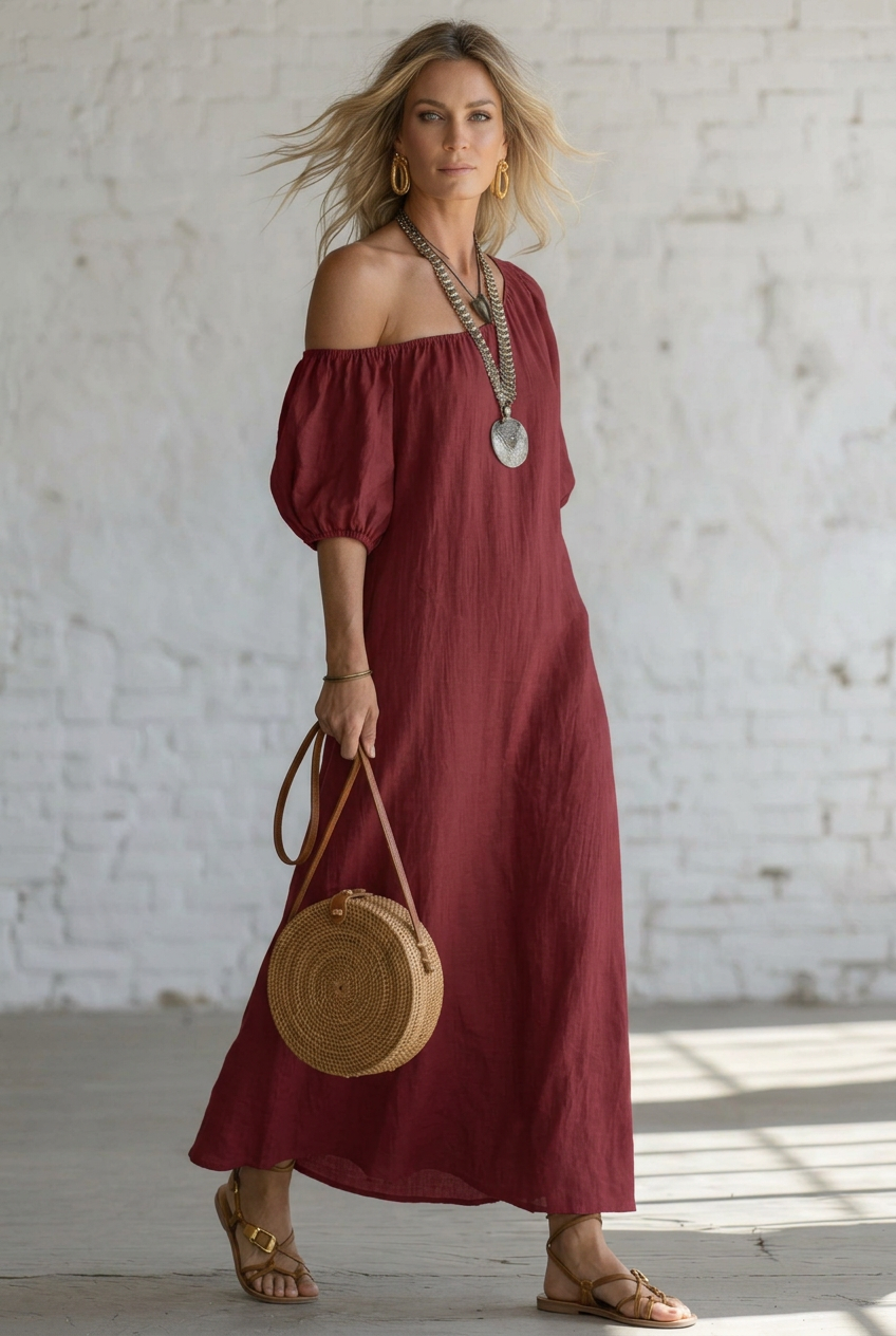 A woman wearing a flowing off-the-shoulder maxi dress styled with layered silver necklaces, gold hoop earrings, a woven straw tote bag, and strappy sandals, standing against a white brick wall.