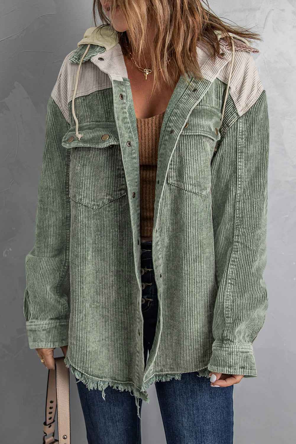 women_fashion - littlescollectionHoodyHooded Corduroy Shacket with Drawstring Pockets Womencorduroy shacket