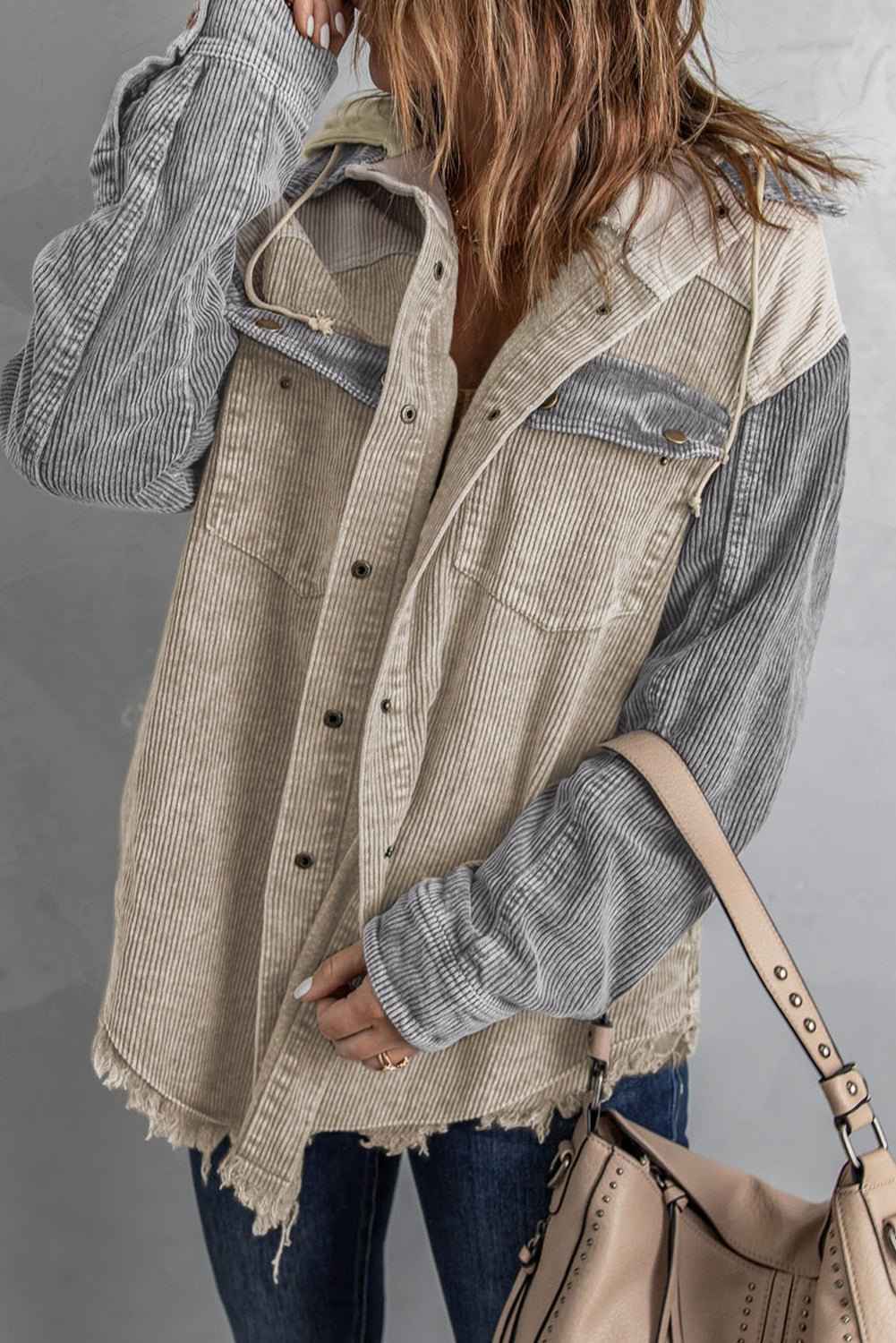 BohoLittlesEdit - Hoody - Hooded Corduroy Shacket with Drawstring Pockets Women
