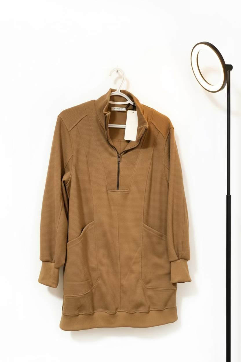Woman wearing a tan textured A-line mini dress with long sleeves and a round neck, Boho Littles Edit collection.