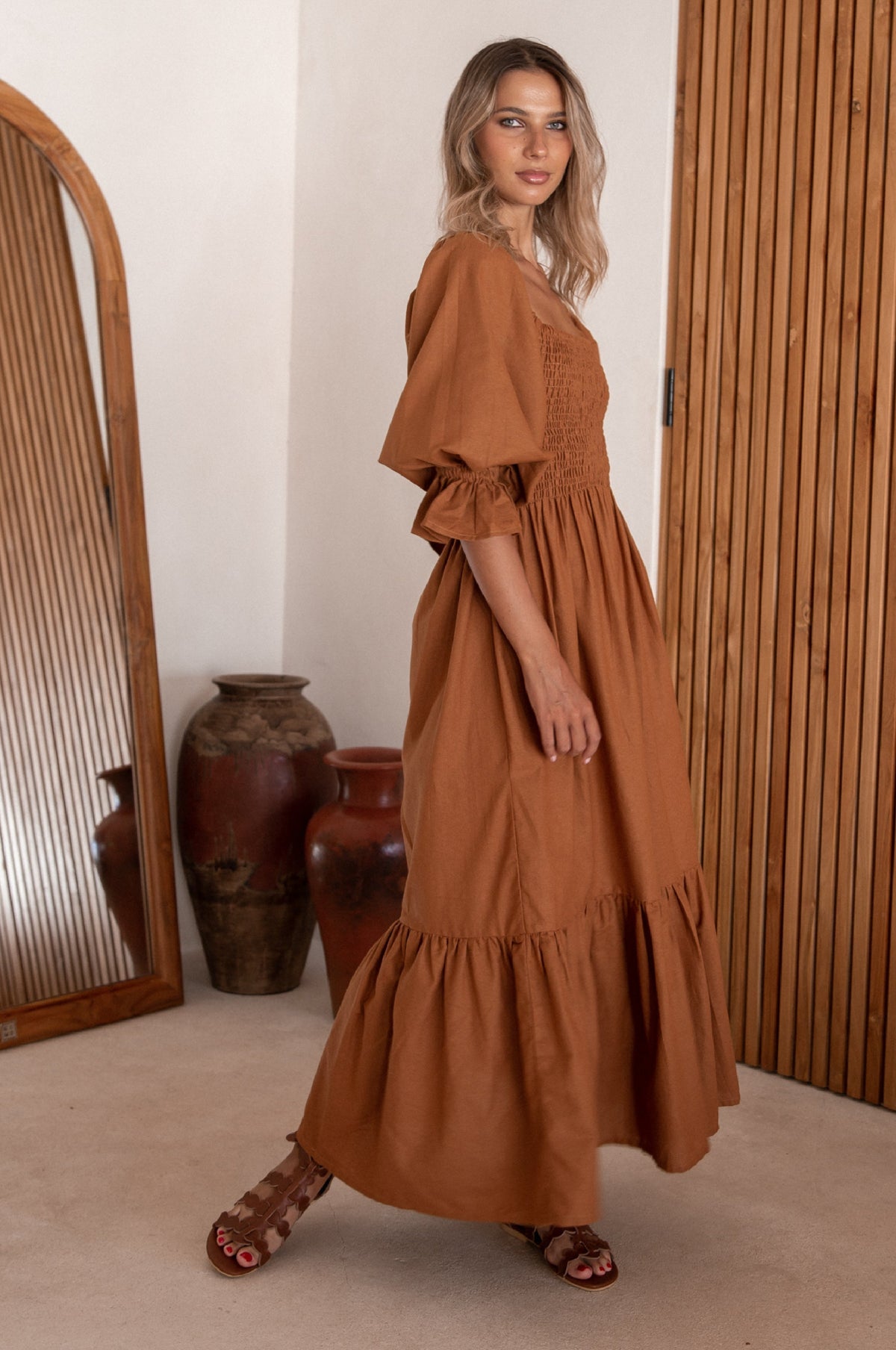Almeria Smocked Midi Linen Dress