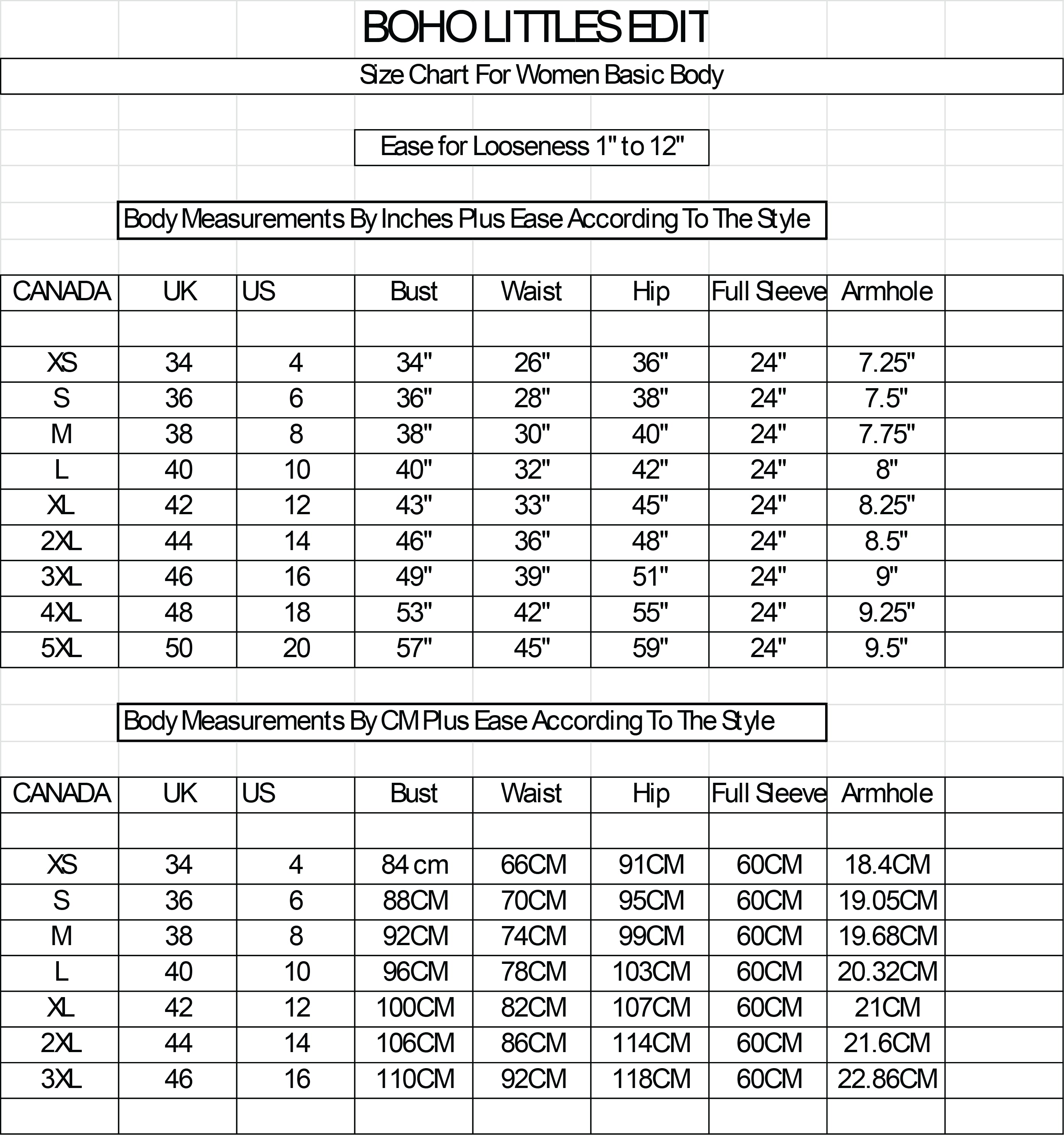Size chart for women's clothing with measurements in inches and centimeters.