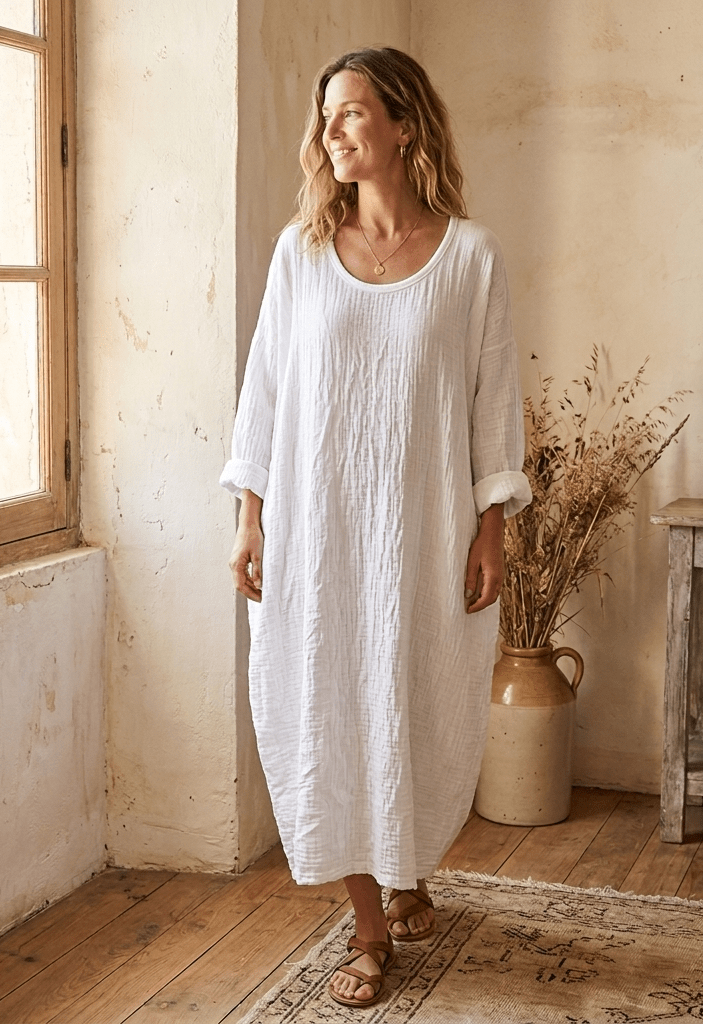 Woman in a white dress standing in a room with wooden floor and window.