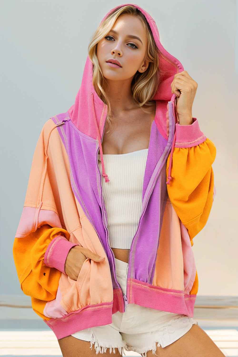 BohoLittlesEdit - Hoody - Color Block Dropped Shoulder Cotton Hoodie Women