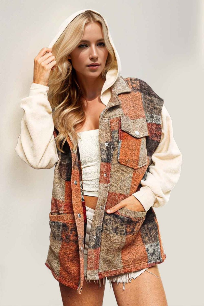 BohoLittlesEdit - Outerwear - Contrast Sleeve Hooded Plaid Jacket with Pockets Women