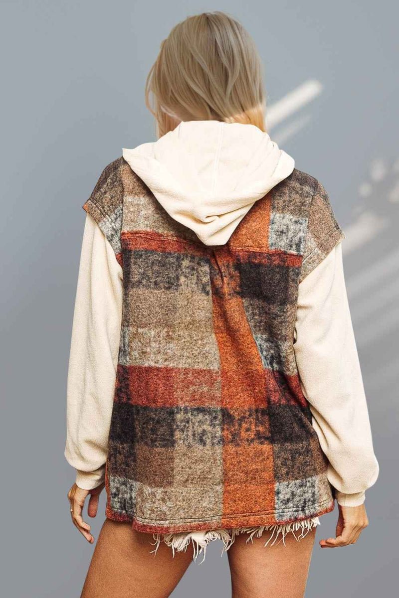 BohoLittlesEdit - Outerwear - Contrast Sleeve Hooded Plaid Jacket with Pockets Women