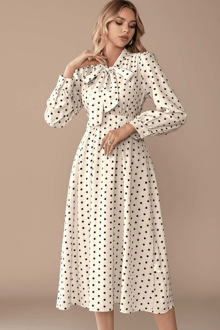 BohoLittlesEdit - Evening Gown - Vintage Polka Dot Tie Front Long Sleeve Midi Dress Women