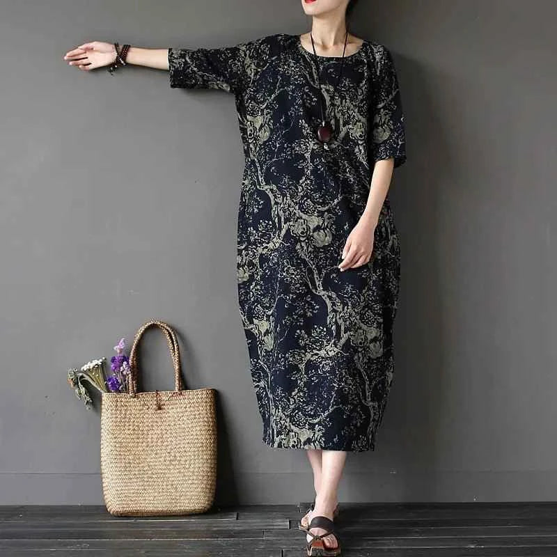 Elara floral linen midi dress with relaxed fit and vintage print