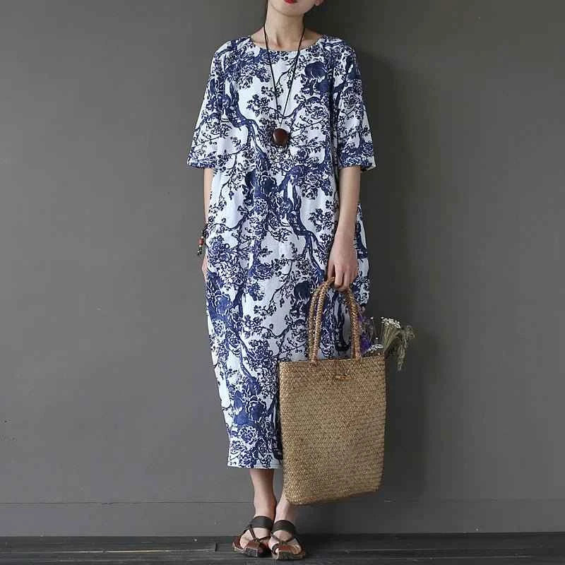 Elara floral linen midi dress with relaxed fit and vintage print