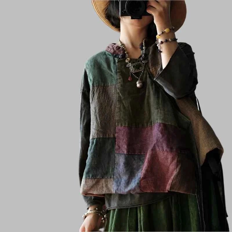 women_fashion - littlescollectionblouseVintage Patchwork Cotton Linen High Collar Top Womenboho top