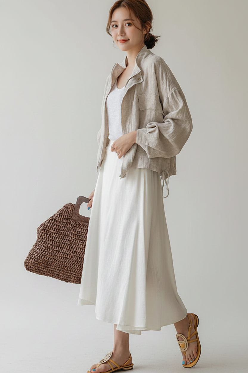 A woman models a light beige linen jacket over a white midi dress, holding a brown woven tote bag against a plain light gray studio background.