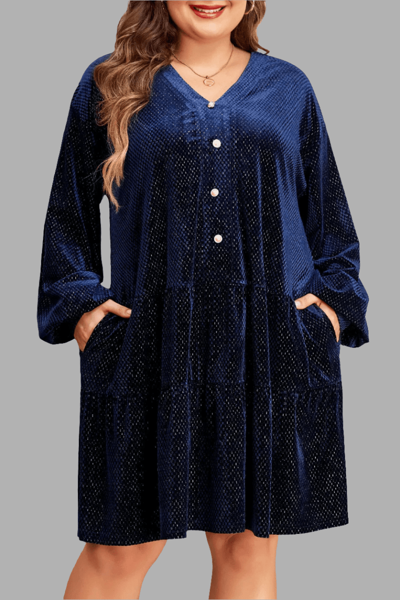 women_fashion - littlescollectionEvening GownPlus Size Textured Velvet Button Dress Long Sleeve Womenlong sleeve dress