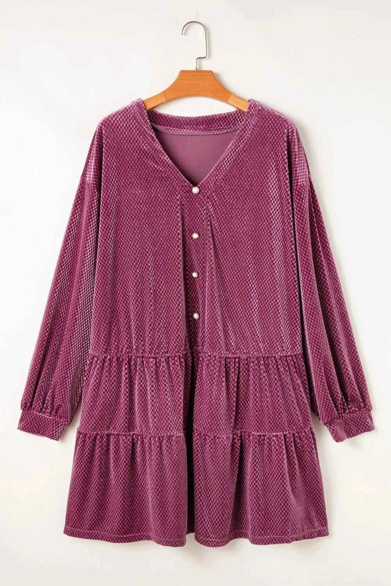 women_fashion - littlescollectionEvening GownPlus Size Textured Velvet Button Dress Long Sleeve Womenlong sleeve dress