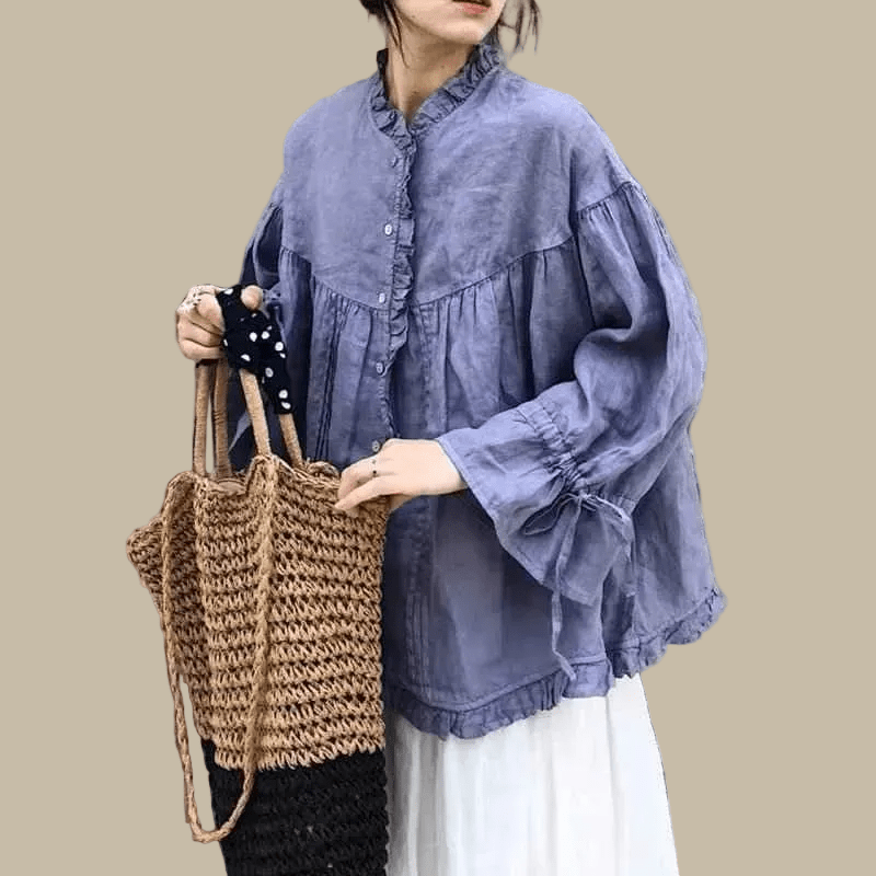 BohoLittlesEdit - blouse - Linen Balloon Sleeve Blouse Irregular Hem Vintage Women