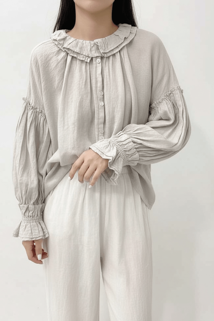 BohoLittlesEdit - blouse - Elira Ruffle Linen Blouse Full Sleeves