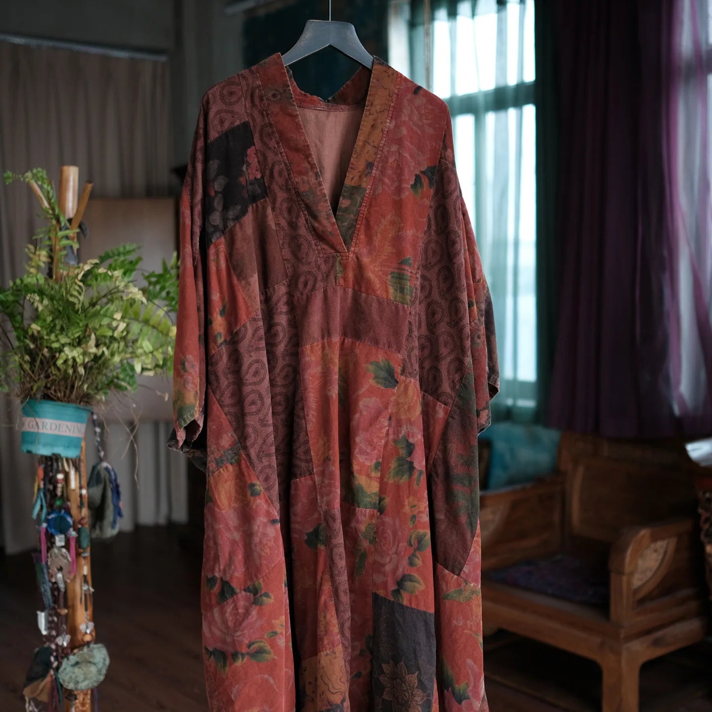 Vintage Patchwork Linen Dress Batwing Sleeve V-Neck Women
