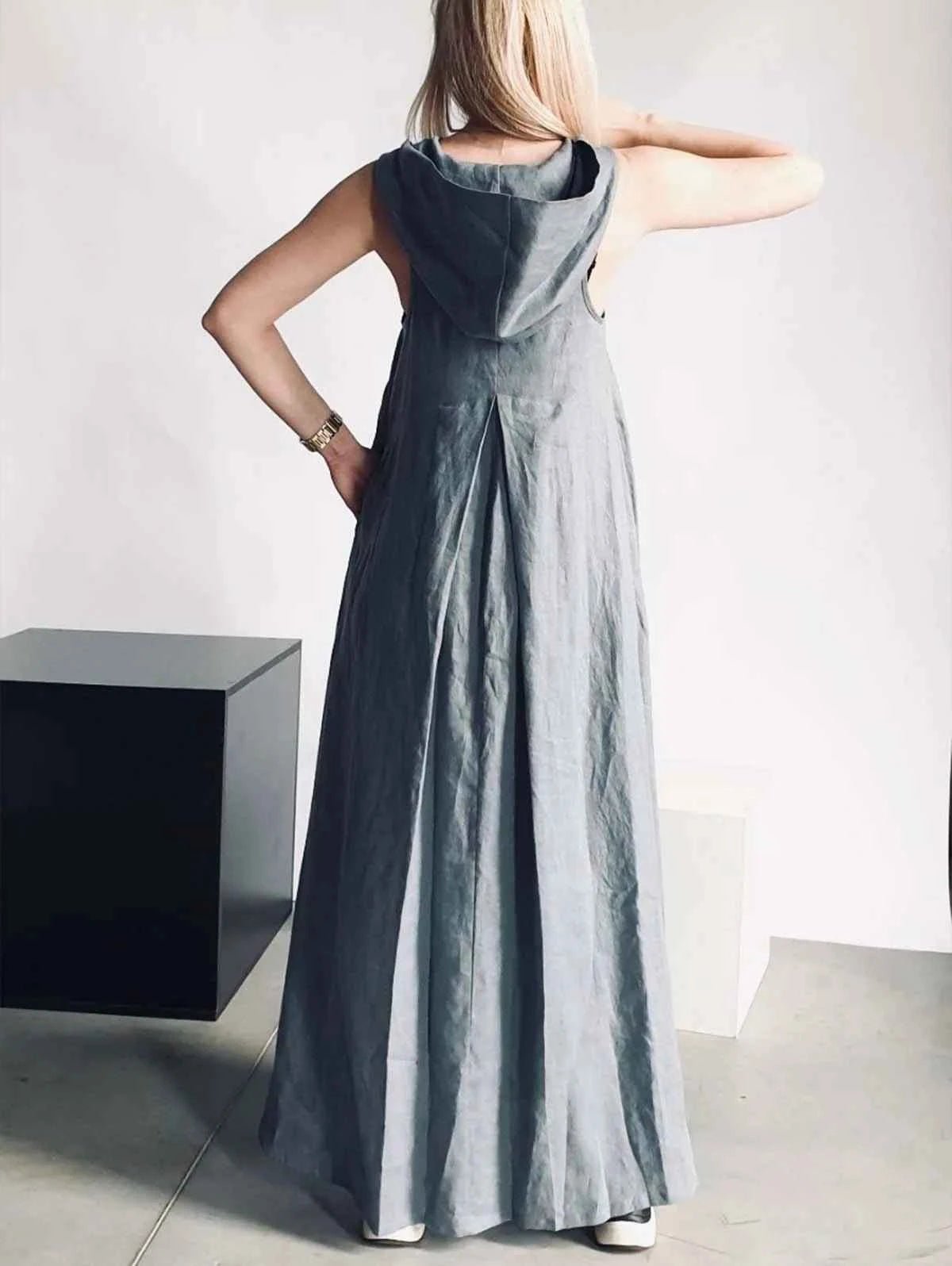 BohoLittlesEdit - Long dress - Hooded Sleeveless Pleated Cotton Maxi Dress Women