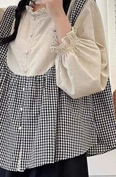 women_fashion - littlescollectionJNT Fungus Trim Collar Plaid Vintage Cotton Retro Blouseblouse for women