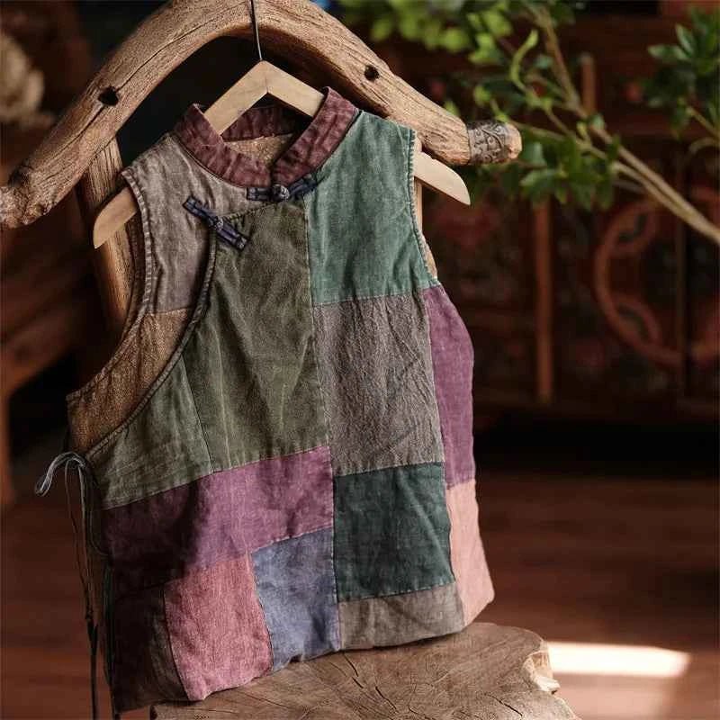 women_fashion - littlescollectionblouseVintage Patchwork Cotton Linen High Collar Top Womenboho top