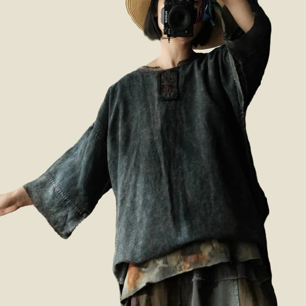 women_fashion - littlescollectionblouseVintage Embroidery Cotton Linen Tee and Skirt Set WomenChinese style top