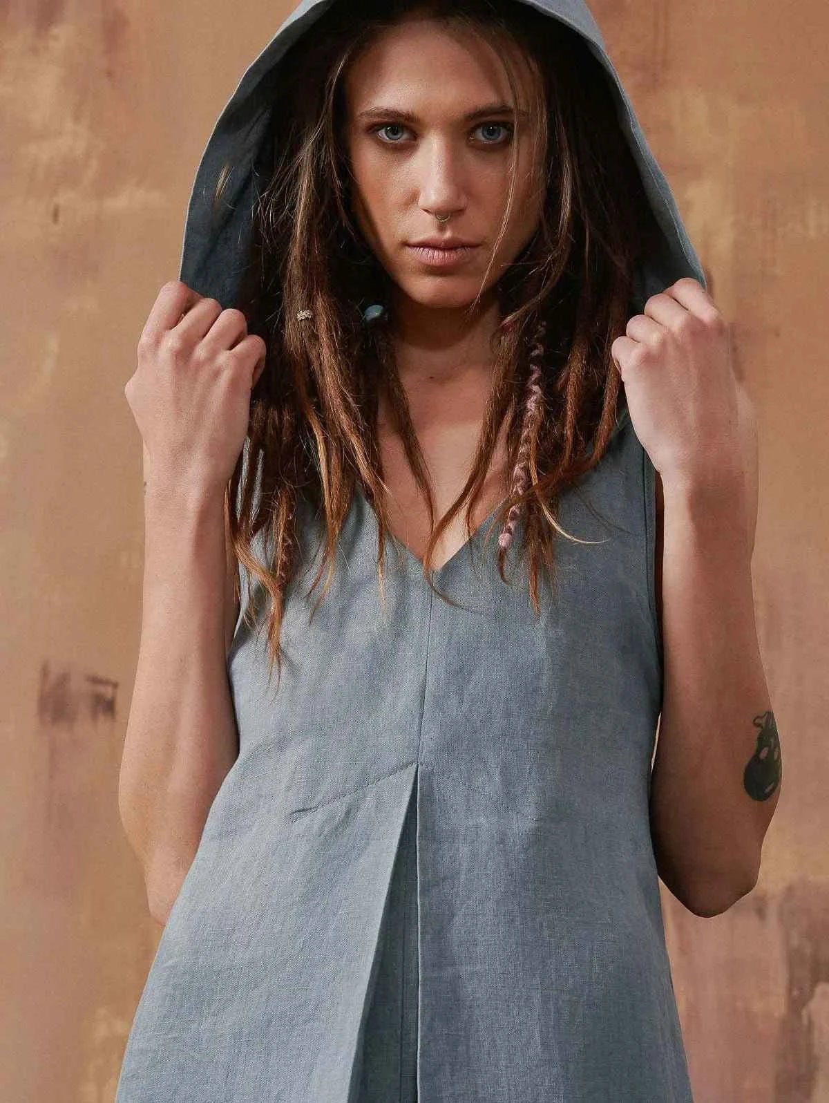 BohoLittlesEdit - Long dress - Hooded Sleeveless Pleated Cotton Maxi Dress Women