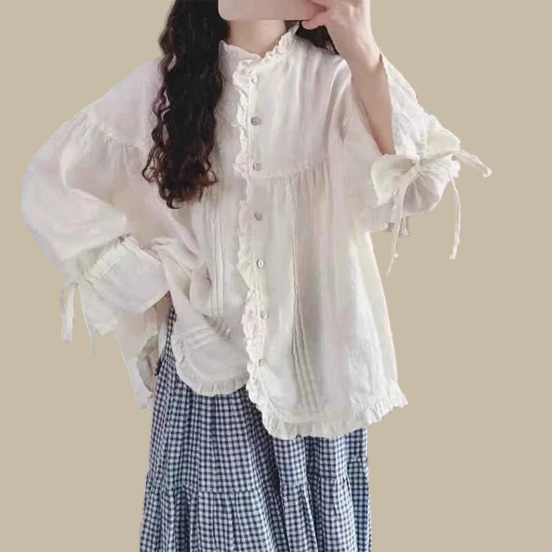 Retro Linen Ear Balloon Sleeve Blouse