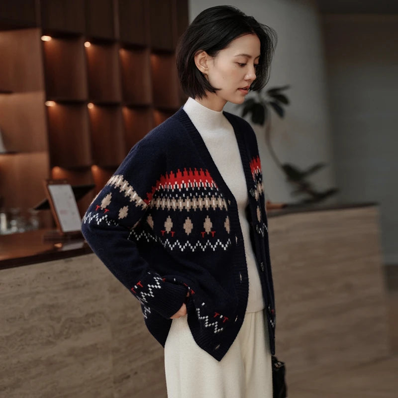Cashmere V-Neck Fair Isle Cardigan Women