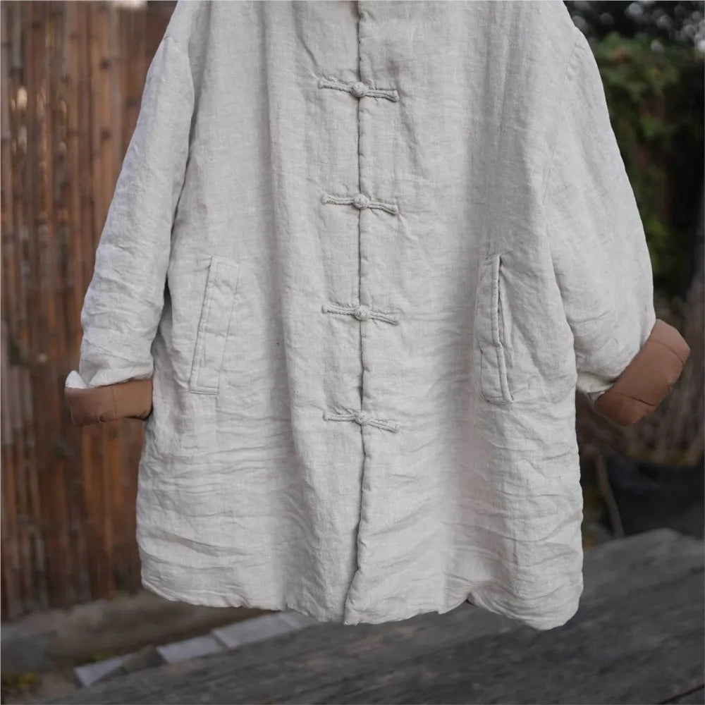 women_fashion - littlescollectionCoats JacketsJNT Women Vintage Vibes Turtleneck Linen Warm ParkasLinen parkas